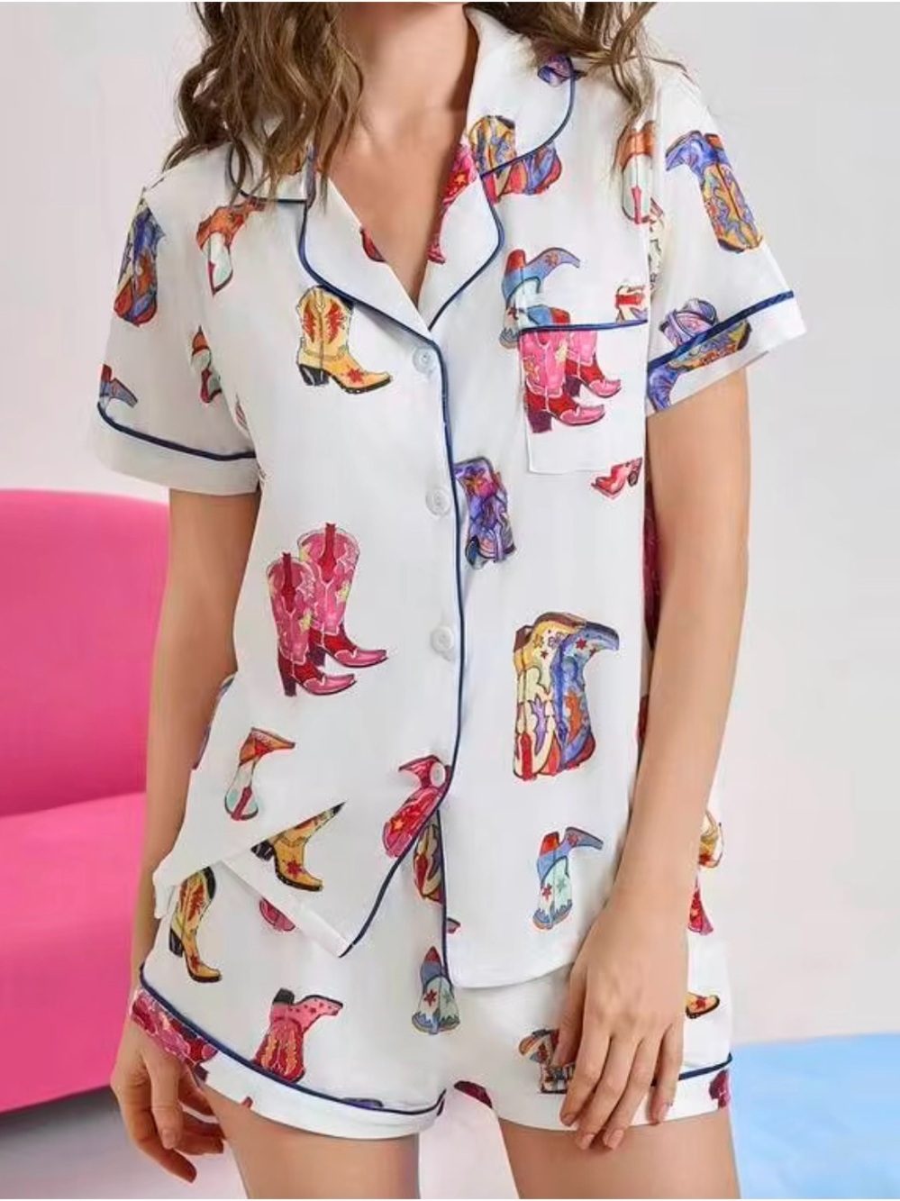 Pajama Set with Multicolor Cowboy Boot Print